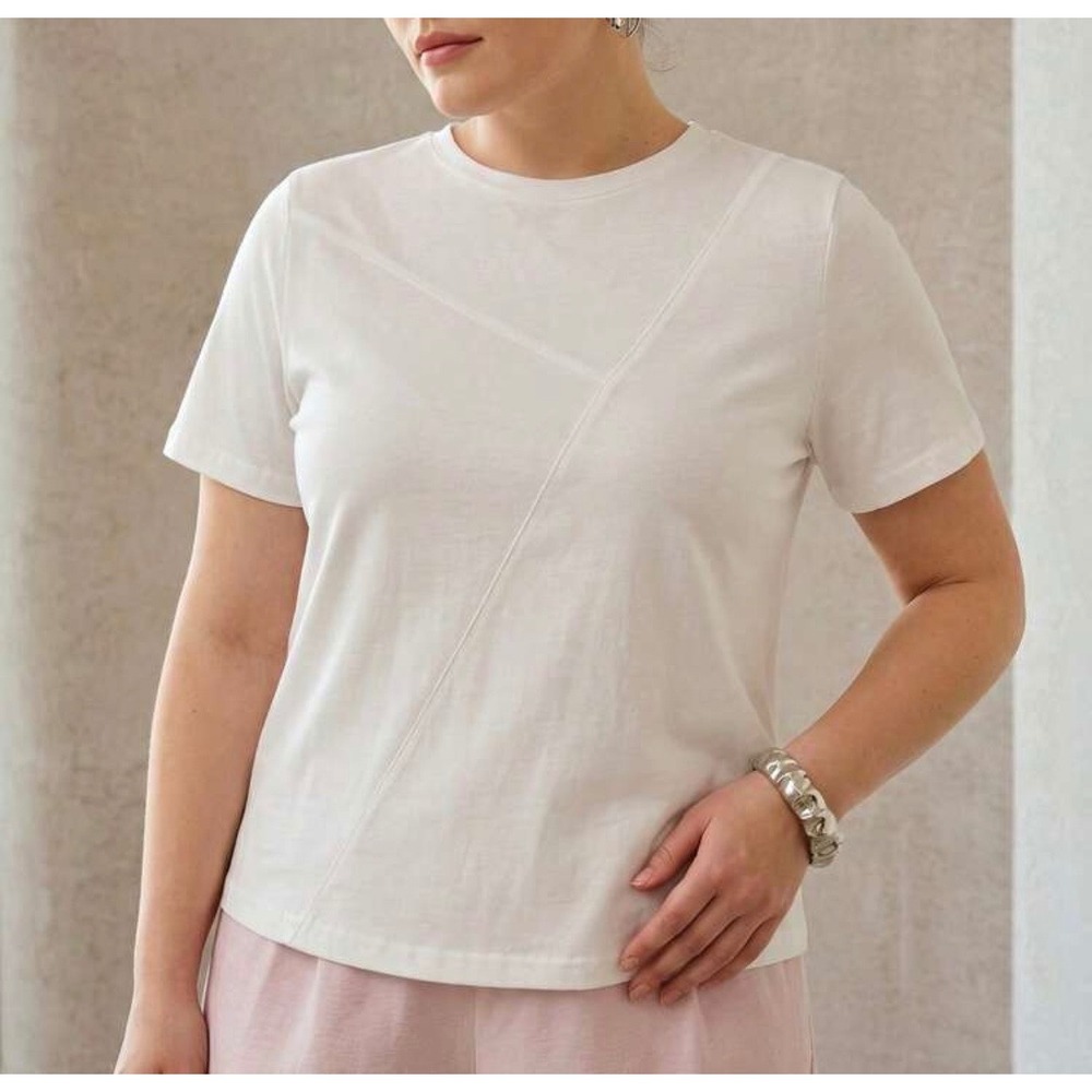 MOTF Premium White Cotton Asymmetrical Seam Detail Crew Neck T-Shirt Womens